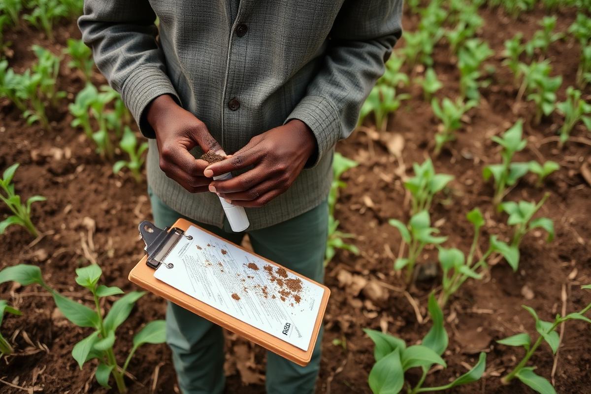 Agricultural researcher collecting soil samples in a field